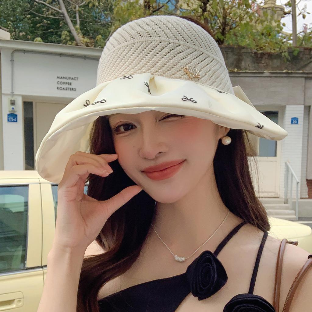 Summer Colored Glue Bow Sun Hat Women's Big Eaves Sun Protection UV Protection Sun Hat Outdoor Travel Empty Top Hat