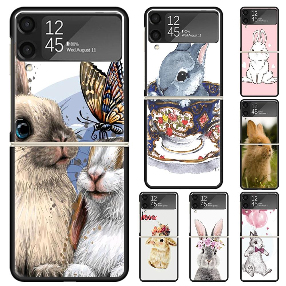 Süßes Kaninchen Baby Kaninchen Harte PC Handyhülle Für Samsung Galaxy Z Flip 6 5 4 3 Schwarze Hülle ZFlip6 Flip5 Flip4 5G Faltbar Druck Ca