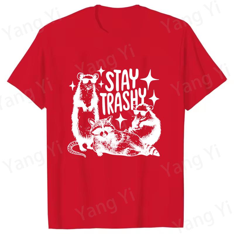 Trashy Letter Printing T-shirt Men Women Fashion Short Sleeve Street Personality Raccoon Opossum Pattern Tees