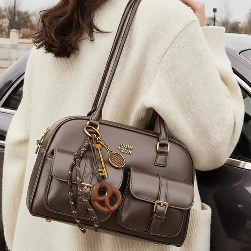 Women's Vintage Bowling Bag Multi-pocket Large Capacity Shoulder Bag Fashion New Underarm Bag Casual And Versatile Handbag