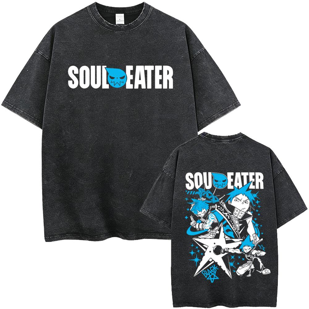Washed Vintage Anime Soul Eater Black Star Graphic Tshirt Mens Retro Manga T Shirt Men Women Fashion Casual Oversized Tshirts