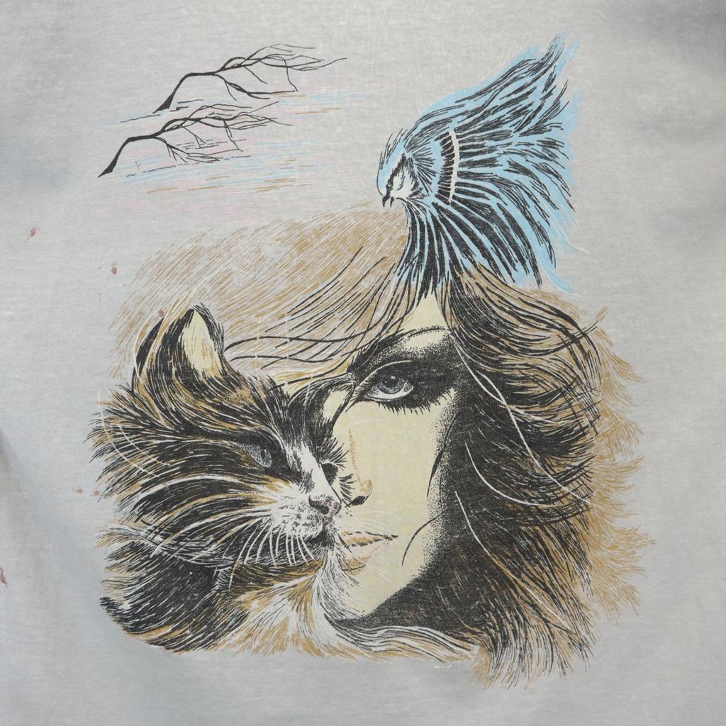 Selec-t Tee Jays 90s Made In USA Old Cat Bird Print Short Sleeve T-shirt Women Used