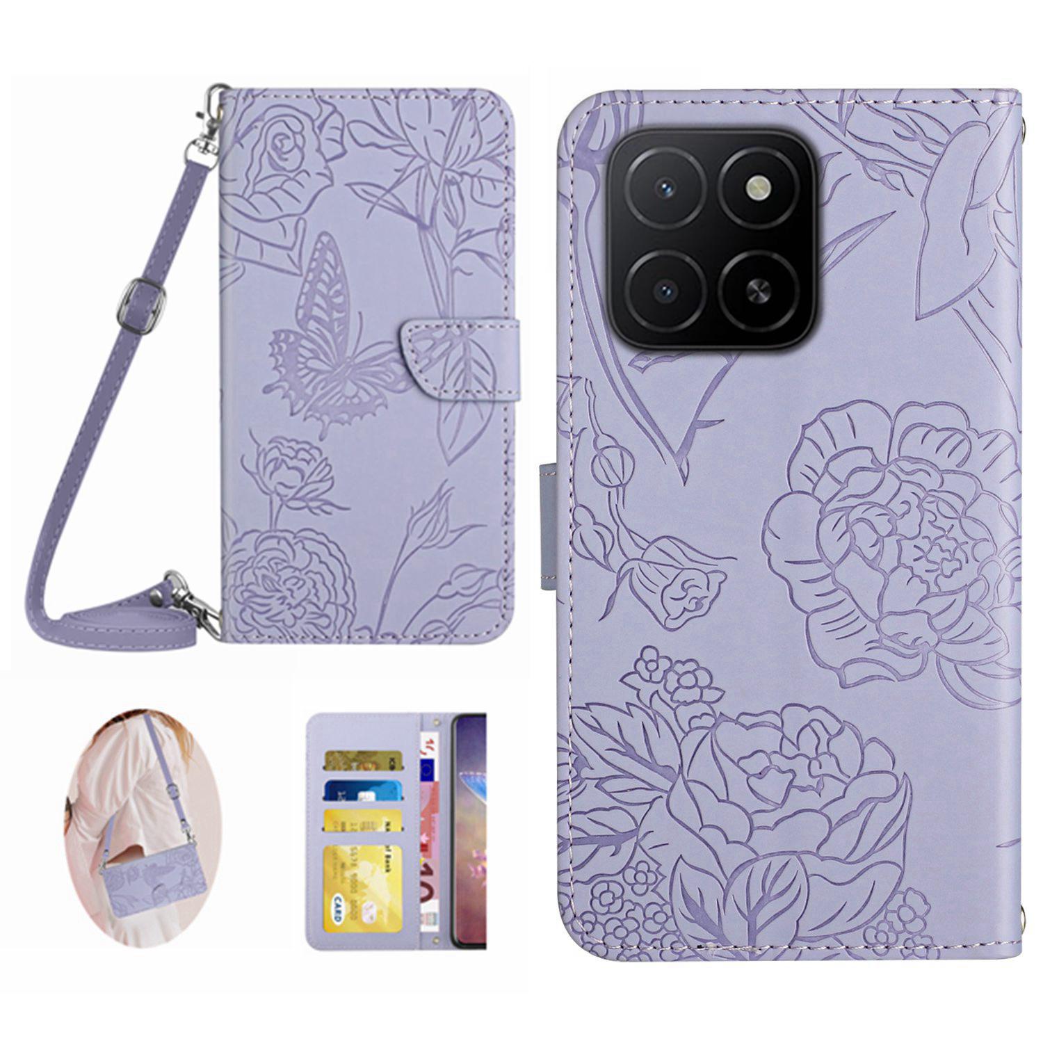 

For Honor X8c 4G Case Butterfly Flower Imprint Leather Phone Cover with Shoulder Strap E