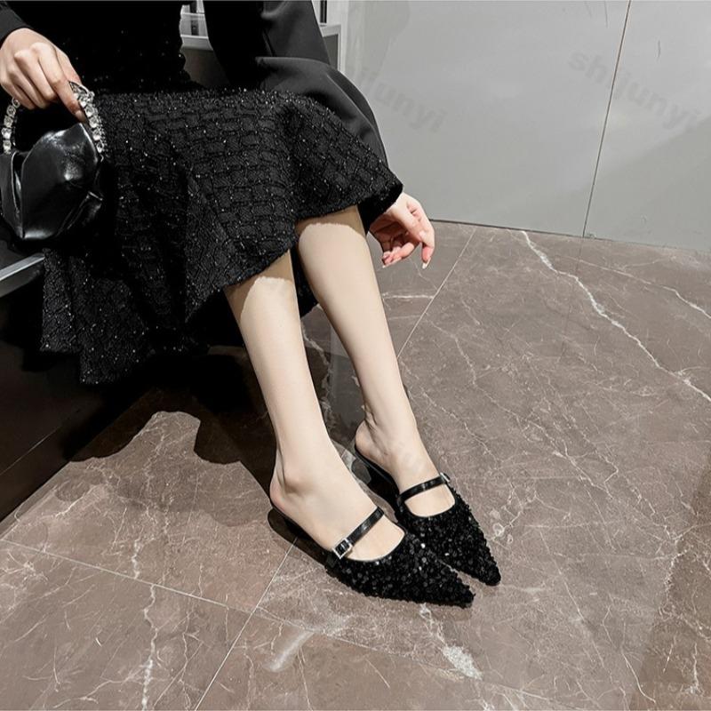 Fashion Fashion Sequin Pointed Head Casual Half Slippers for Women 2025 Summer New Comfortable Versatile Hollow Elegant Slip on Sandals