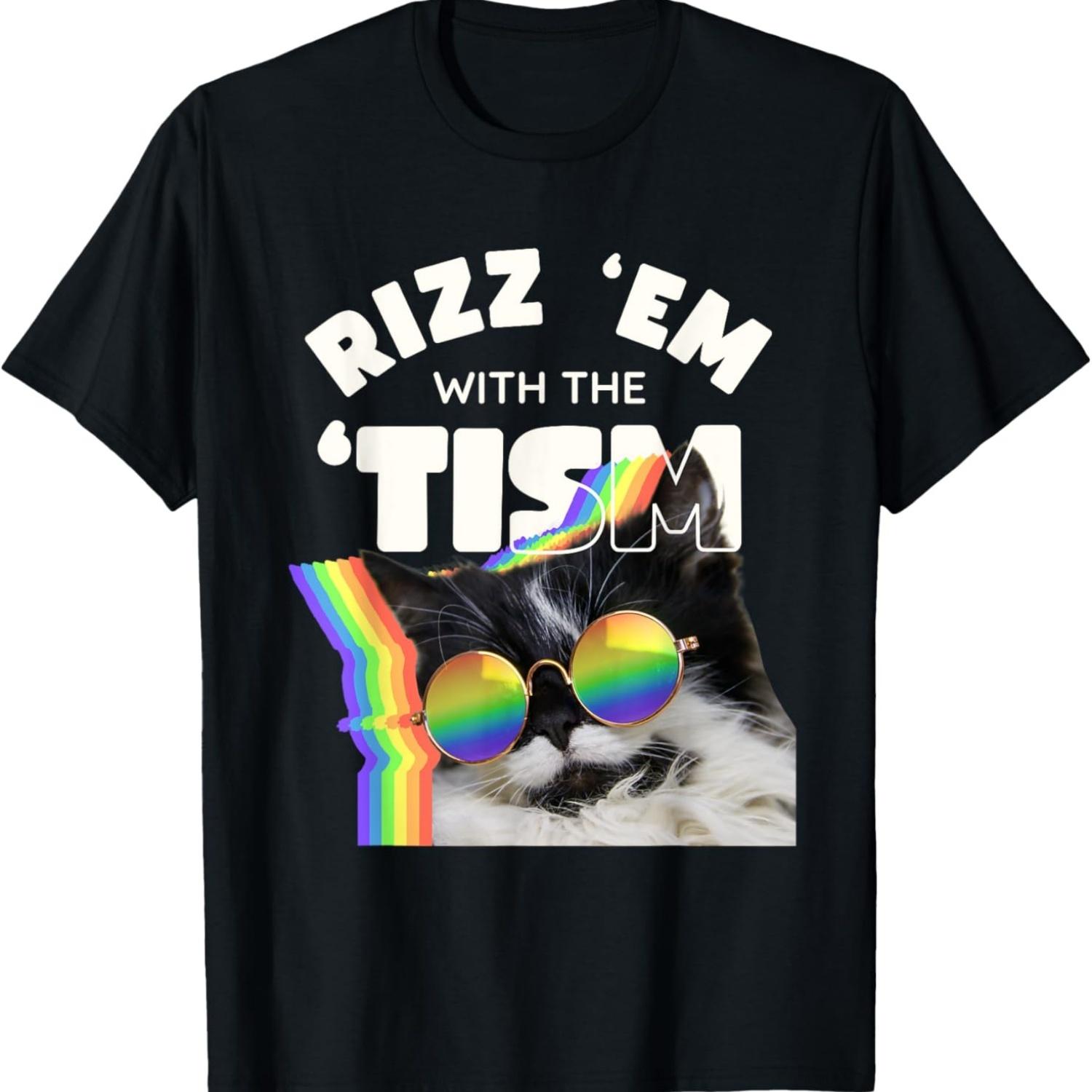 Autism Funny Rizz Em With The Tism Meme Autistic Cat Rainbow T-Shirt S чёрный