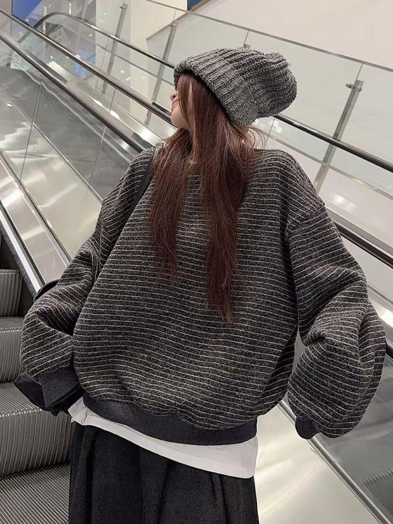 Damen Retro Gestreiftes Rundhals Langarm Sweatshirt - 2025 Koreanischer Stil Lockerer Schnitt Herbst/Winter Trend