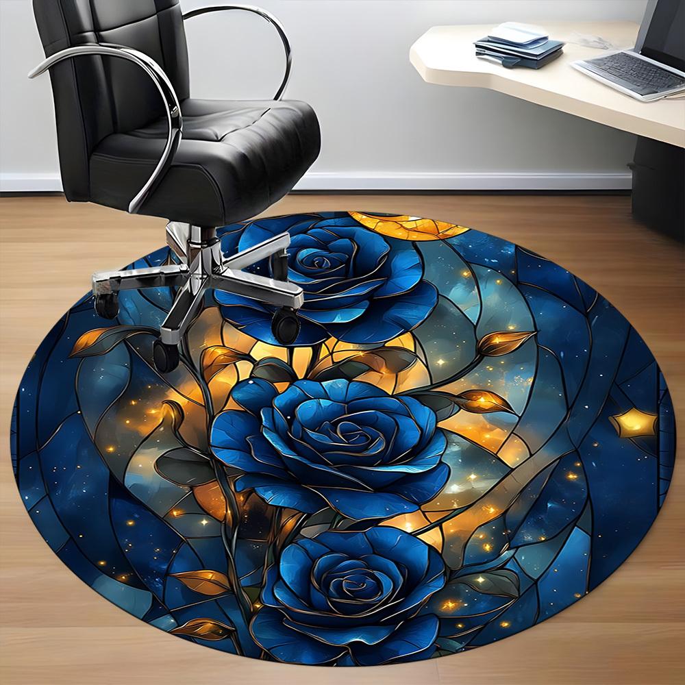 1pc Blue Roses Stained Glass Office Round Area Rug, Indoor Mat Suitable ForOffice, Under Office Chairs Bedroom Living Room Home Decor, Room Deco,  N63