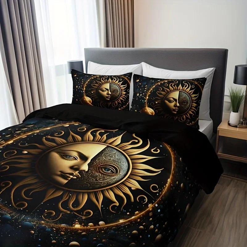 Moon Stars Celestial Sun Duvet Cover Set Golden Printed Bedding Set For Home Decor