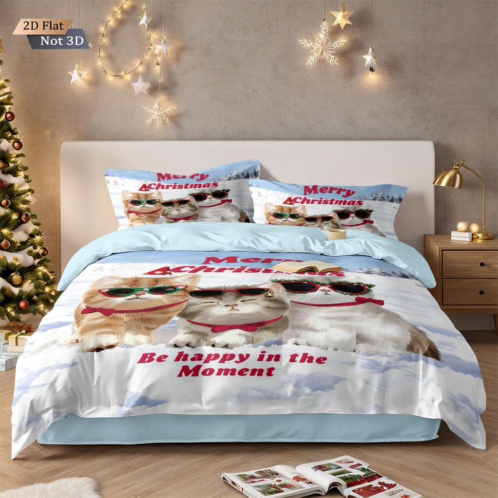 3pcs Christmas cartoon cat printed coreless bedding set soft dormitory bedroom multiple sizes machine washable