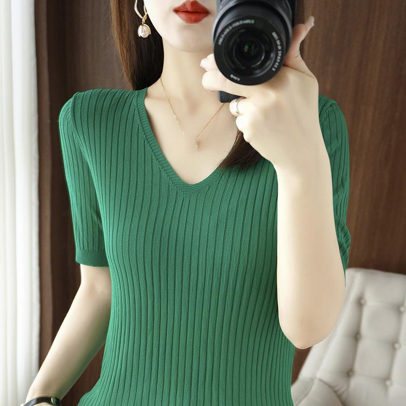 Frühling Sommer Damen V-Ausschnitt Kurzarm Exquisiter Kaschmir Strickpullover Pullover Einfarbig