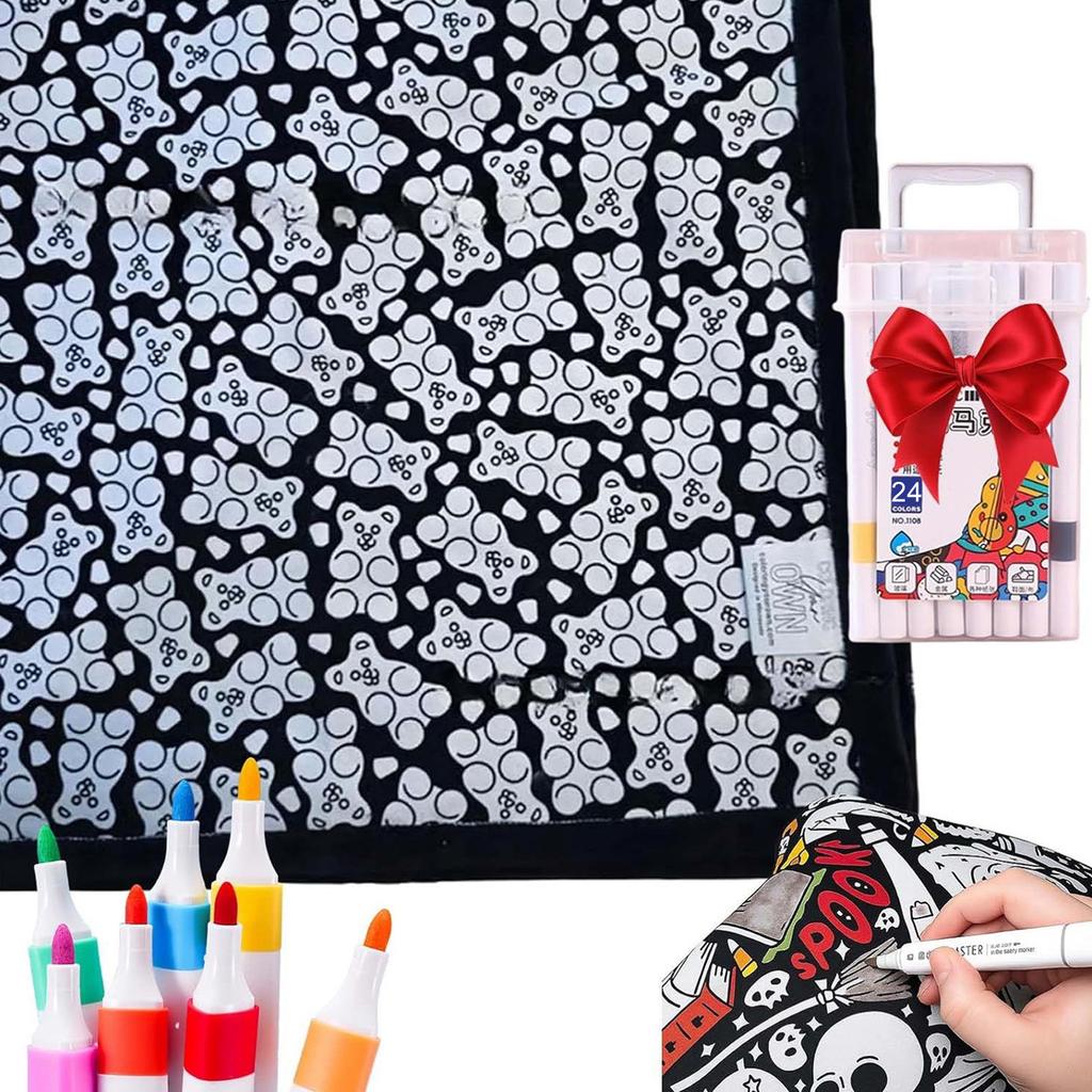 24Color Pens DIY Coloring Blanket with Markers Color Your Own Blanket Washable Reusable Soft Cozy Fleece Drawing Mat for Friends