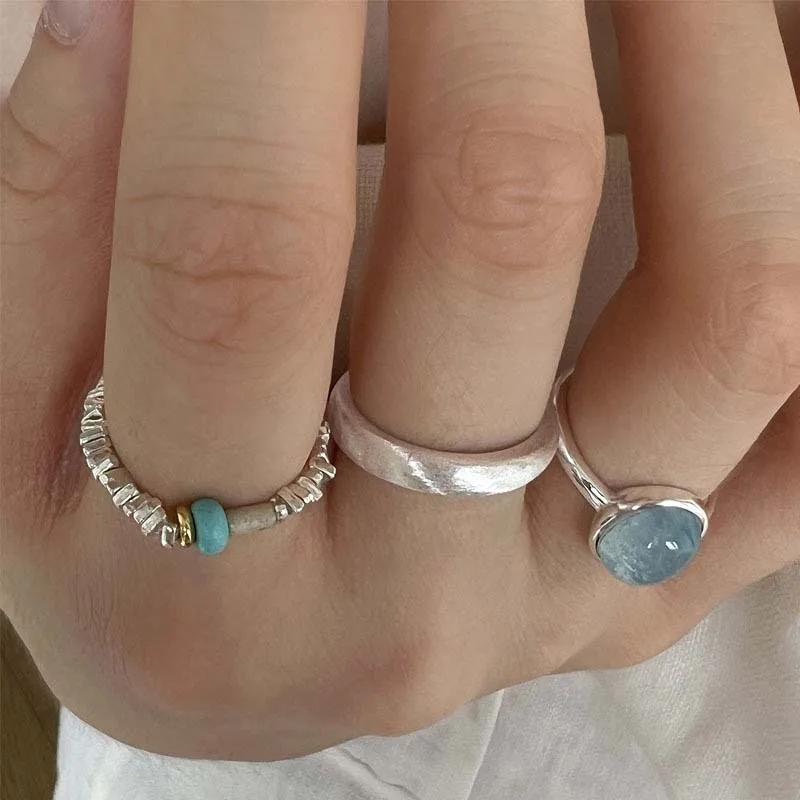Bohemian Retro Opal Rings for Women Curved Matte Metal Beaded Ring Personality Index Finger Jewelry Girls Accessories Gift