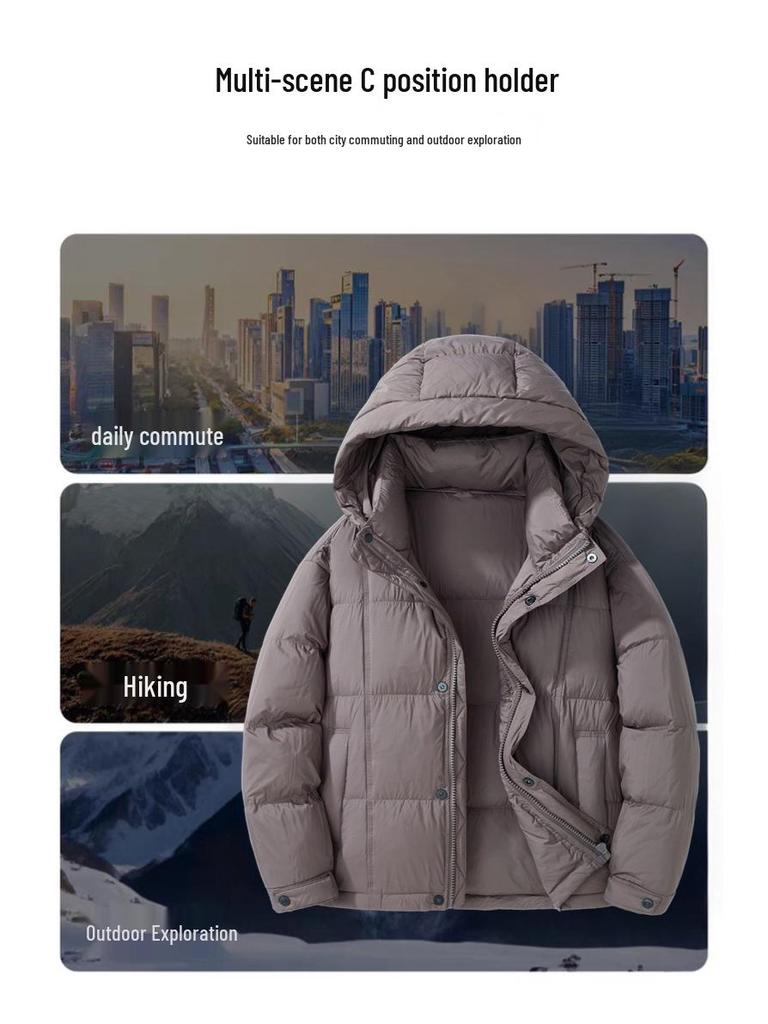 Men's White Duck Down Hooded Winter Jacket - Couples' Style, Windproof, Warm, Thickened, Short Length