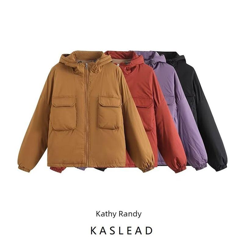 Kaslead New Women clothes Western Style Versitile Fashion Four-Color Selection Hood Zip-up Loose Long sleeve Cotton-padded jacket