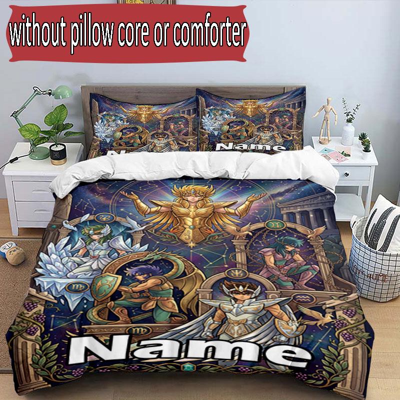 3pcs Duvet Cover Set (1*Duvet Cover + 2*Pillowcase, Without Core), Custom Name Saint Seiya Pattern Bedding Set, Home Bedroom Decor Gift