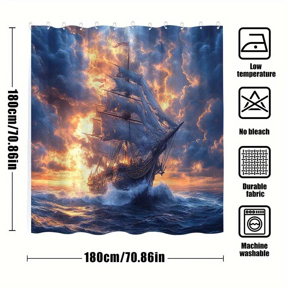 1Pc Sunset Sailing Shower Curtain - Three-Masted Ship At Golden Hour With Dramatic Pink Purple Clouds & Turbulent Waves