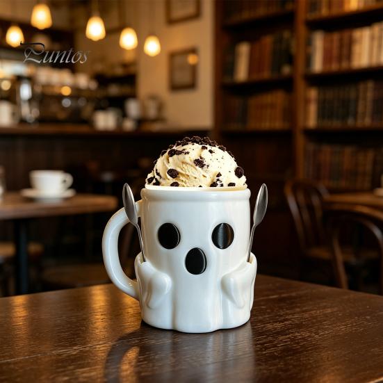 Creative Birthday Surprise Gift Halloween Ghost Ice Cream Pint Holder, Dual Spoon Slot And Theme Drinkware Handle Design Durable PLA Leak-Proof
