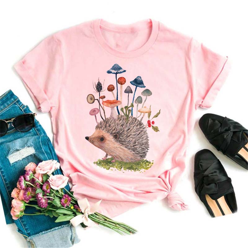 Pink Women Tshirts Casual Cute Cartoon Hedgehog Floral Graphic Print Female Tee Tops Harajuku Fashion Short Sleeve T Shirt Femme