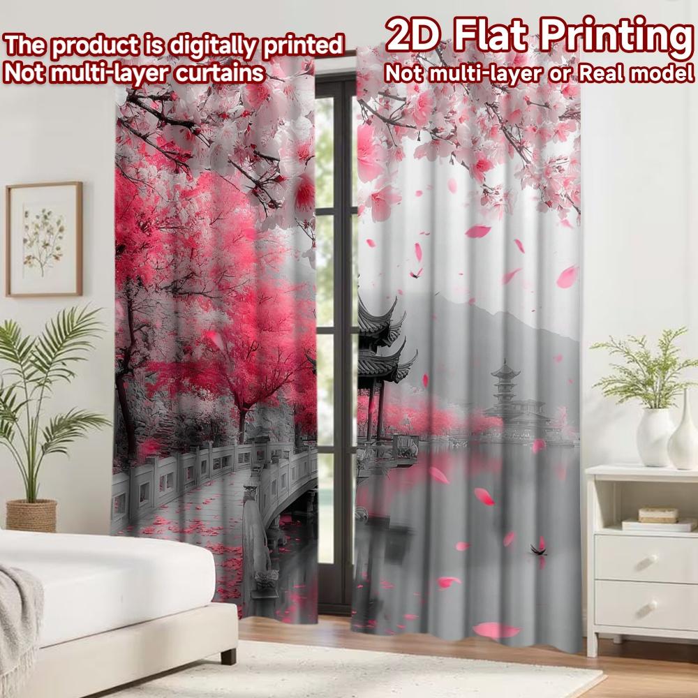 2D flat printing 2pcs Curtain Curtain Spring Cherry Blossom Bridge Digital Printed Polyester Drapes Family Party Use for Indoor