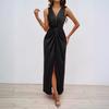 2026 summer European and American women's clothing elegant kinked sleeveless V-neck split-ended slim temperament dress women