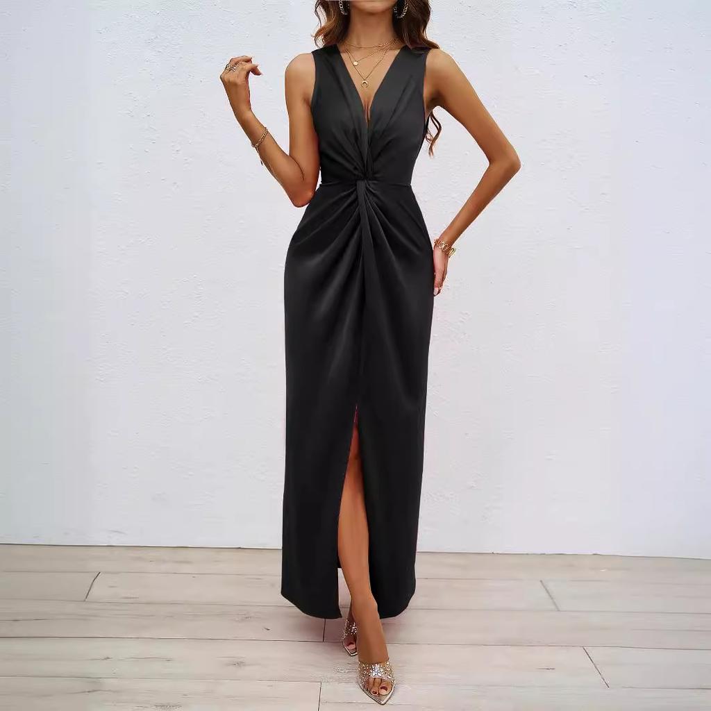 2026 summer European and American women's clothing elegant kinked sleeveless V-neck split-ended slim temperament dress women
