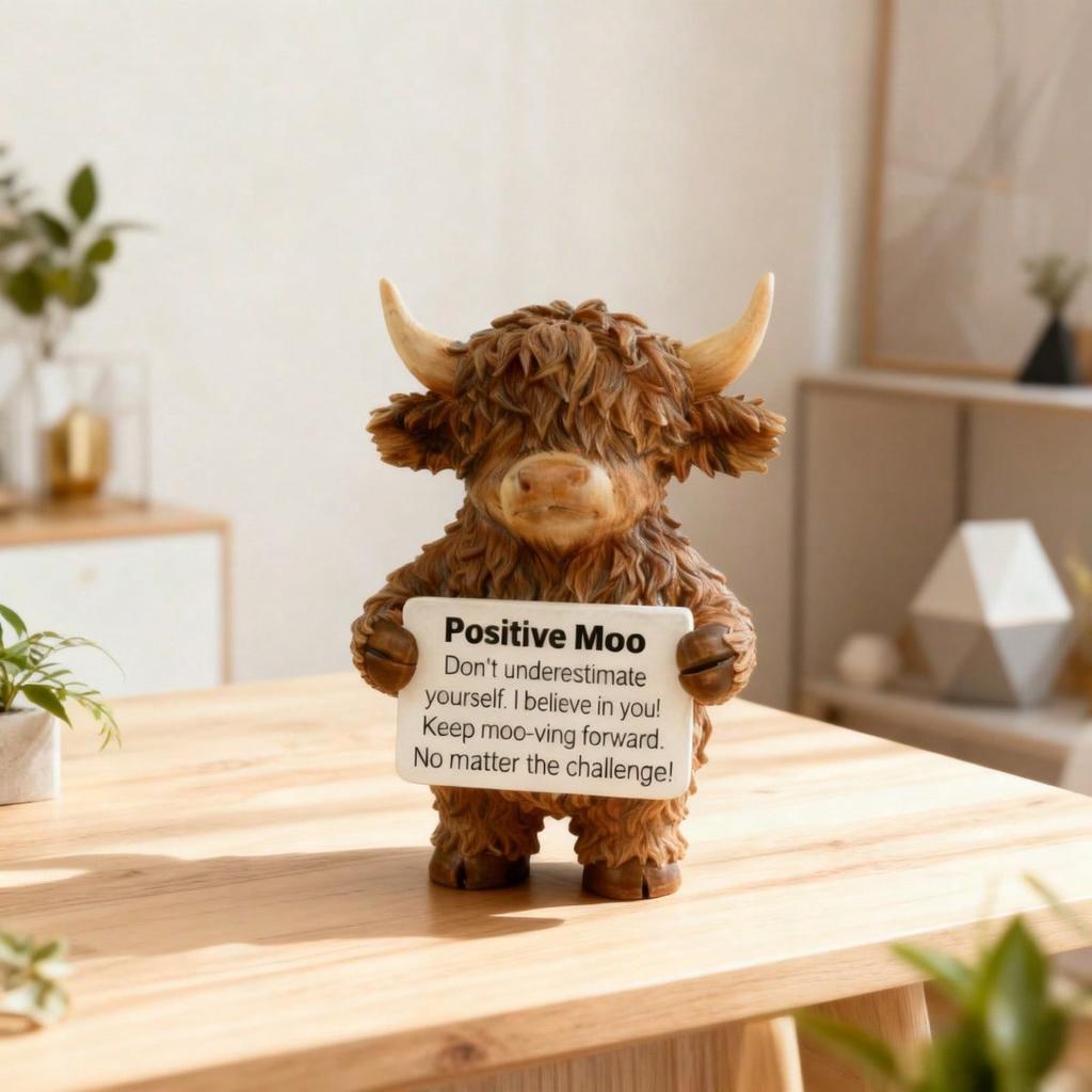 Urocza Statuetka Krowy Szkockiej Rasy Highland, Żywiczna Dekoracja Biurkowa w Stylu Zagrodowym, Prezent Motywacyjny na Biurko, do Domu, na Półkę, Blat