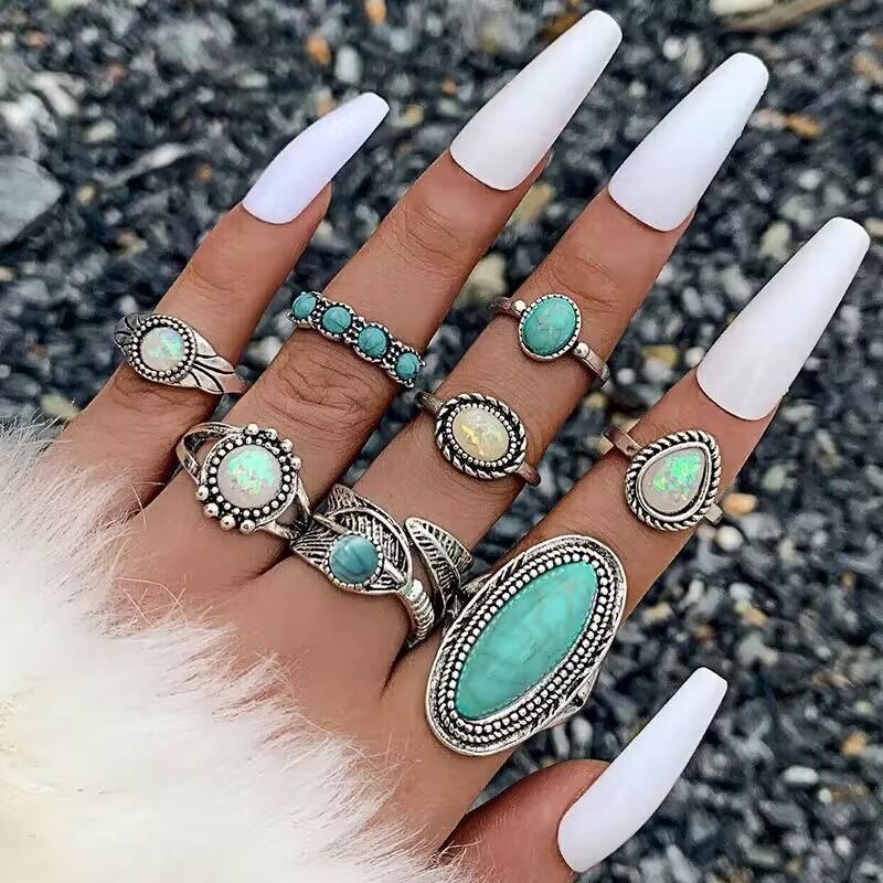 Ethnic style vintage turquoise carved feather ring fashion personality 8-piece combination ring set