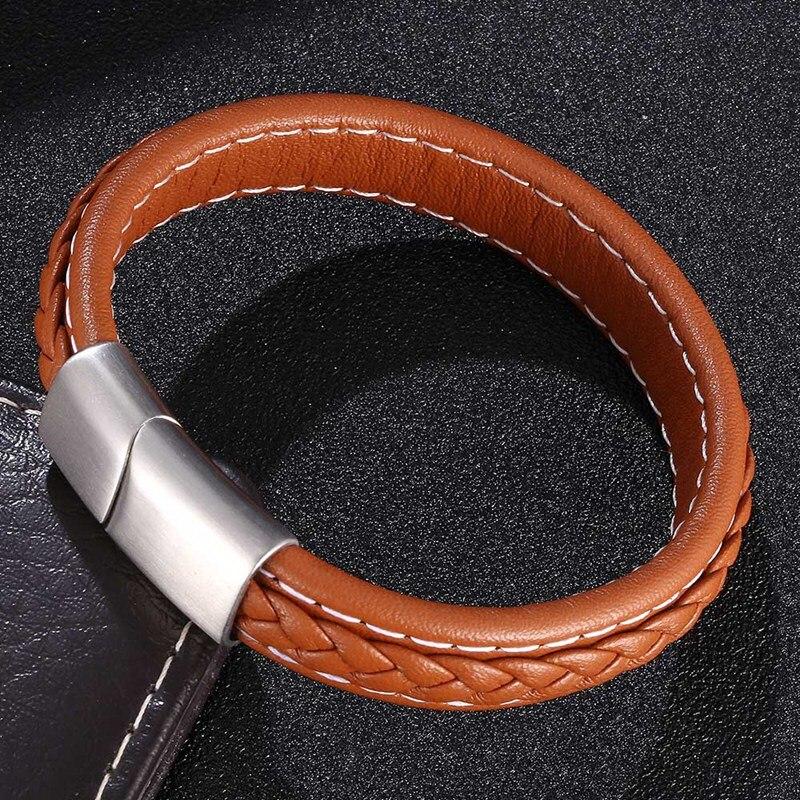 New Punk Men Jewelry Braided Leather Bracelet Stainless Steel Clasp Fashion Bangles Wrap Bracelet Gift