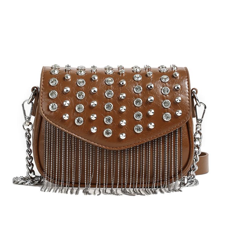 

Niche Spice Girl Wind Diamond Fringed Small Square Bag Women s Casual Versatile Trend Design Messenger Bag коричневый