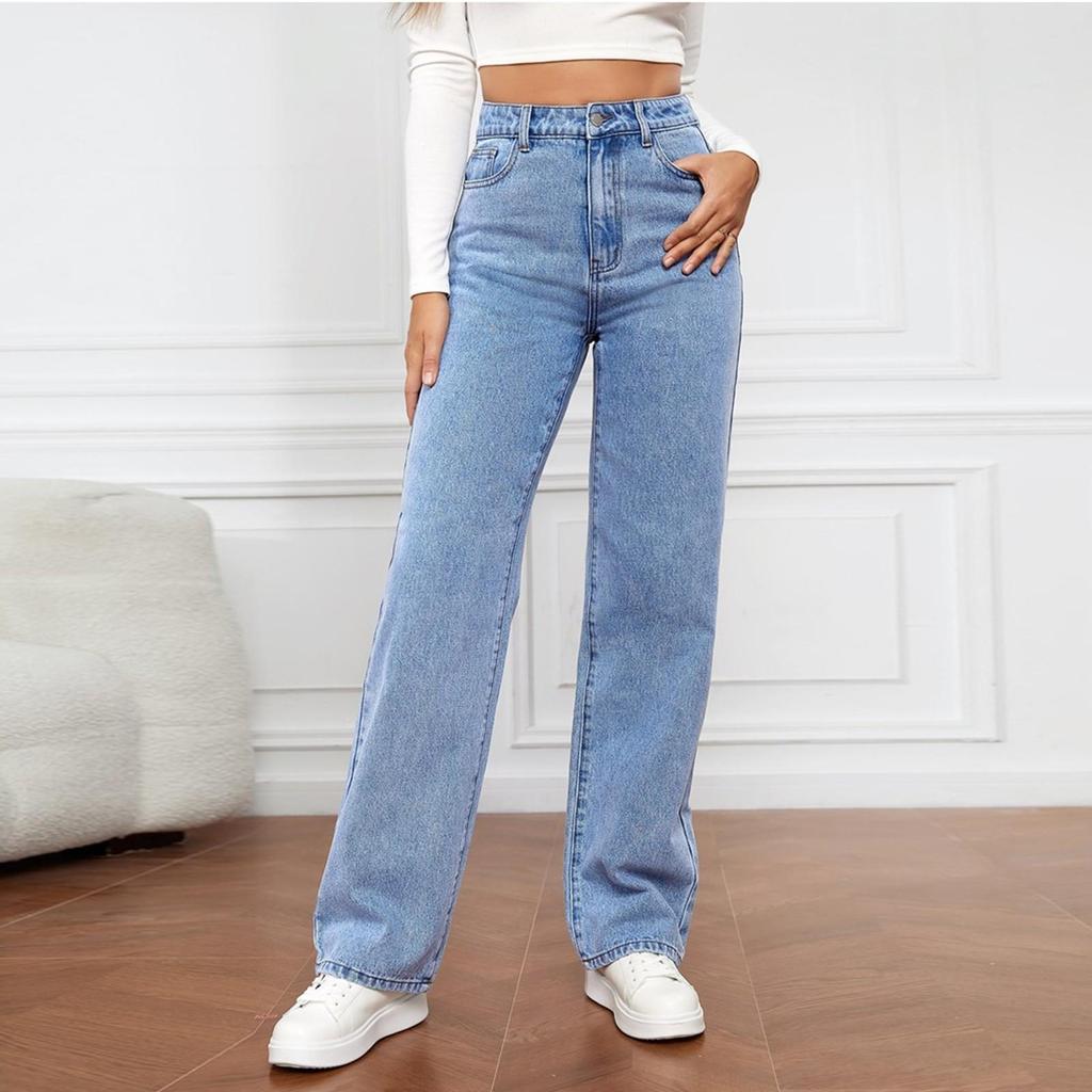 Jeans da donna a vita alta lavati, pantaloni alla moda versatili a gamba dritta