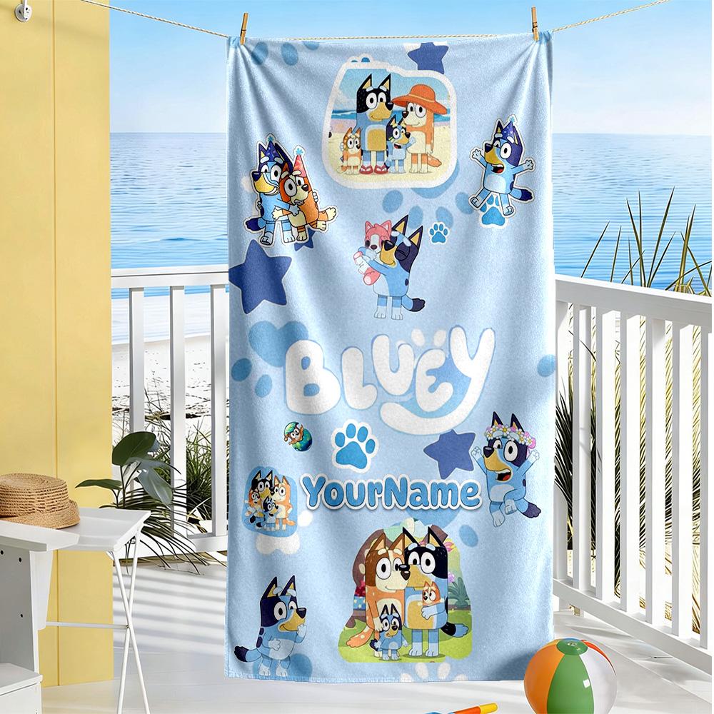Bluey Personalized Text Beach Towel High Absorbency & Quick-Dry Perfect for Traveling Yoga Camping and Swimming