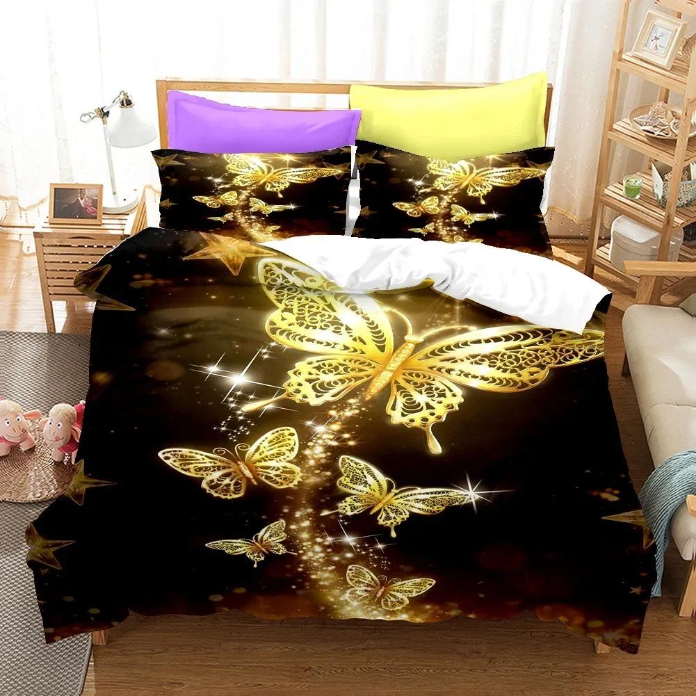 Golden Butterfly Påslakanset KingQueen Storlek, Vackert Blått Fjäril Sängkläder Set Kvinnor Insekt Polyester Täcke Överdrag