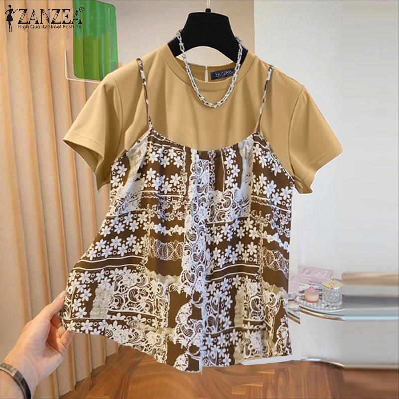 ZANZEA Women Casual Round Neck Short Sleeve Camisoles Two Piece Summer Blouse
