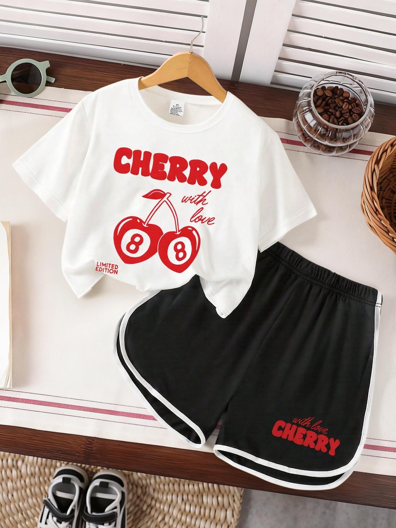

Girls Sweet and Cool Fruit Letter Print Set Cherry Short Sleeve Crew Neck T-Shirt Sports Shorts 100