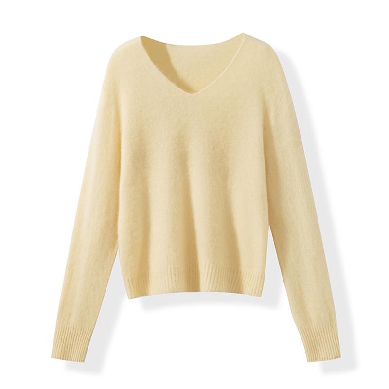 Seamless Wool-Cashmere Brushed V-Neck/Round Neck Pink Knit Base Layer Sweater