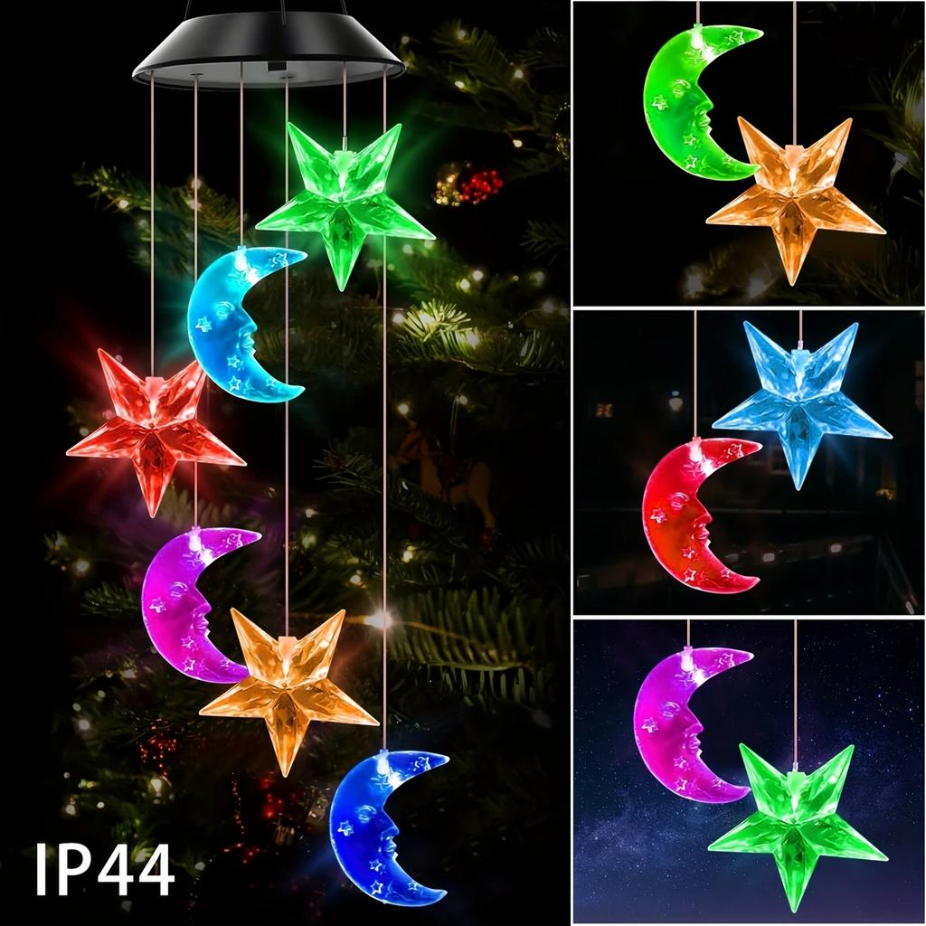 1pc Star/Moon Shaped Wind Chime With Solar LED Light Outdoor Balcony Colorful Hanging Lamps For Home Garden Yard Walkway Decor