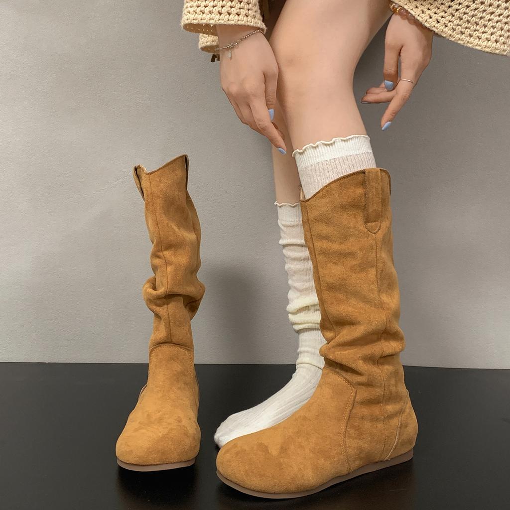 Brown Retro Flat Boots Children's Boots 2025 New Autumn Versatile Skirt Maillard Stacking Boots
