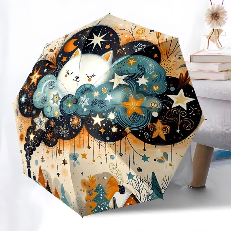 

1pc Starry Night Cloud Auto-Folding Umbrella: Portable 3-Fold Design with Iron Frame, Perfect for Festivals, Travelers, Daily Use, Ideal Gift for Fans