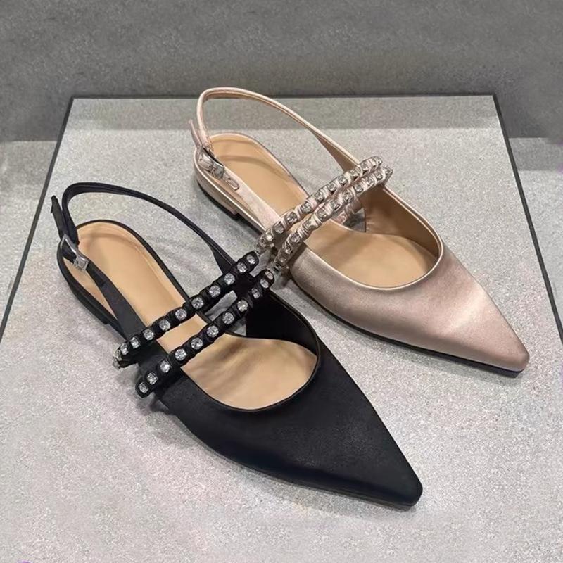 Fashion black pink silk slingback sandals women designer pointed toe crystal band summer shoes woman back strap sandalias mujer size 43