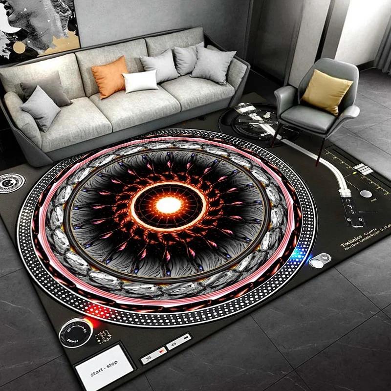 Living Room, Bedroom, Office,Black Carpet, Retro Disc Player Vinyl Records Pattern Carpet, Stain-resistant Carpet, Fast Delivery