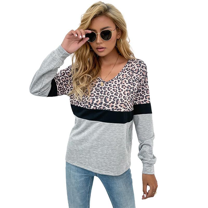 Fashionable and Casual Temperament Early Fall Women's Leopard Print Splicing Long-sleeved Bottoming Shirt Female Models