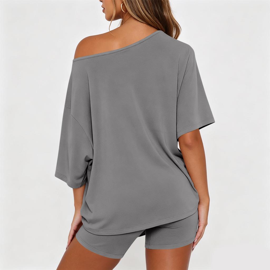 Casual Loose Fit Two Piece Set Women Short Sleeve Off Shoulder Top with Relaxed Shorts Lounge Wear Outfit