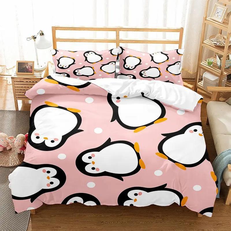 Cartoon Penguin Pattern Three-Piece Digital Printing Duvet Set Suitable For Boys And Girls