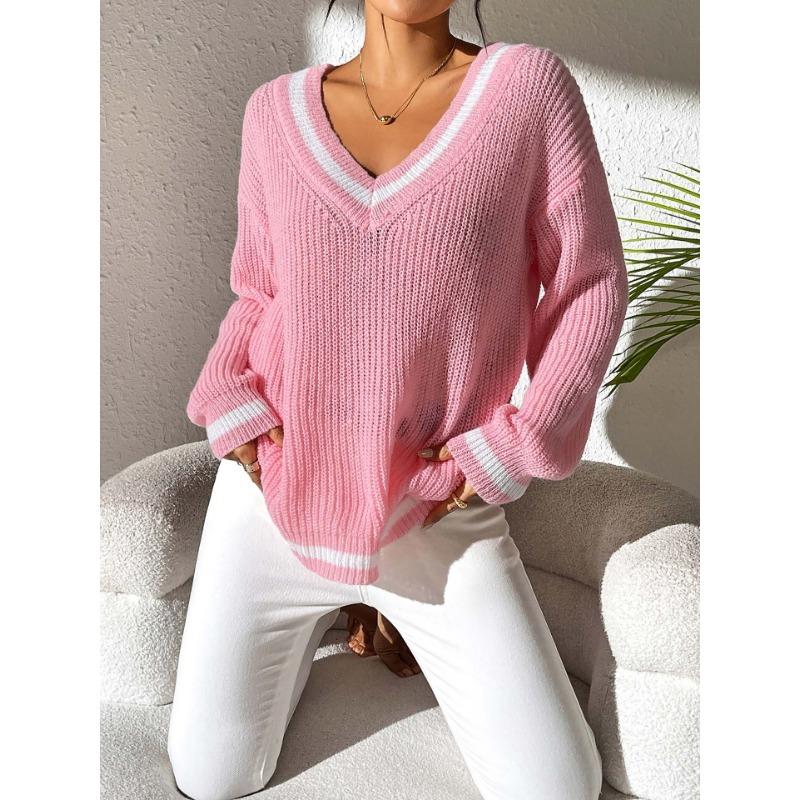 Damen S College-Stil Farbblock V-Ausschnitt Lockerer Freizeitpullover