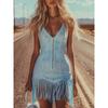 Womens Suede Mini Dress With Deep V-Neck Zipper Front Sleeveless Bodycon Fit Streetwear Outfit