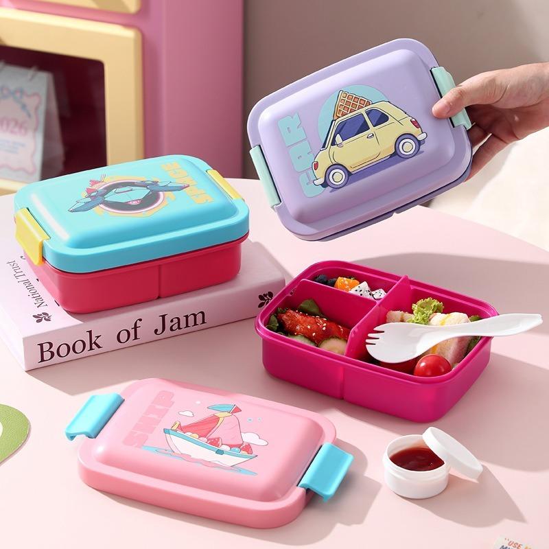 Three Compartment Plastic Lunch Box, Portable Lunch Box, Microwave Heatable Cartoon Lunch Box