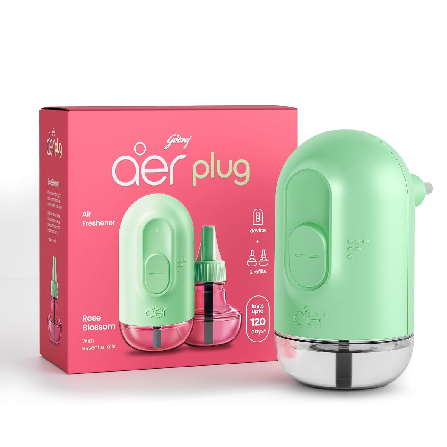 

Godrej aer Plug Electric Air Freshener Machine with 2 Refills 20 ml Each Rose Blossom Lasts 120 Days