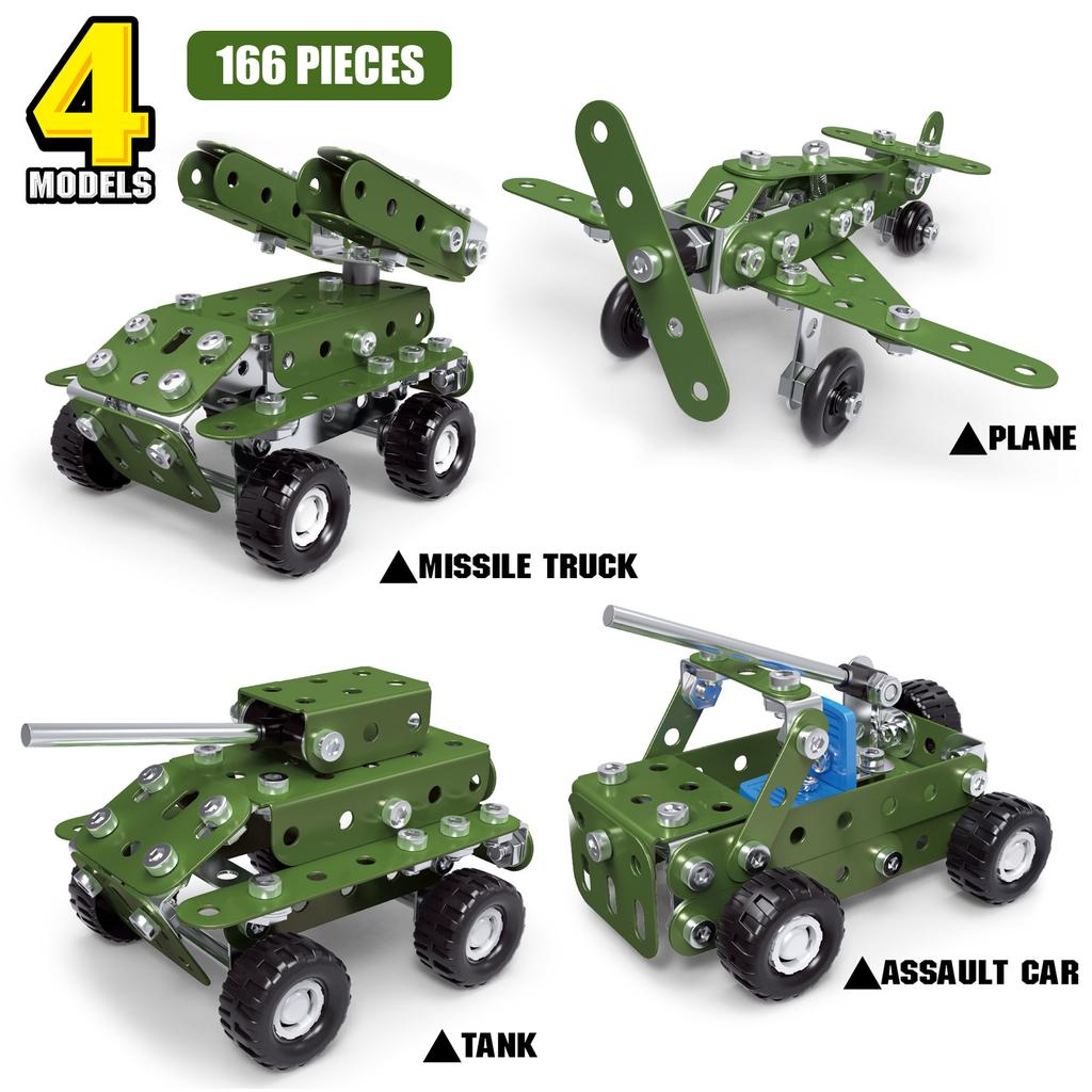 4in1 Metal Aircraft Building Blocks Model Car Truck Tank Set Screws Block DIY Assembly Toy 3D Metal Engineering Vehicle Kit Gift
