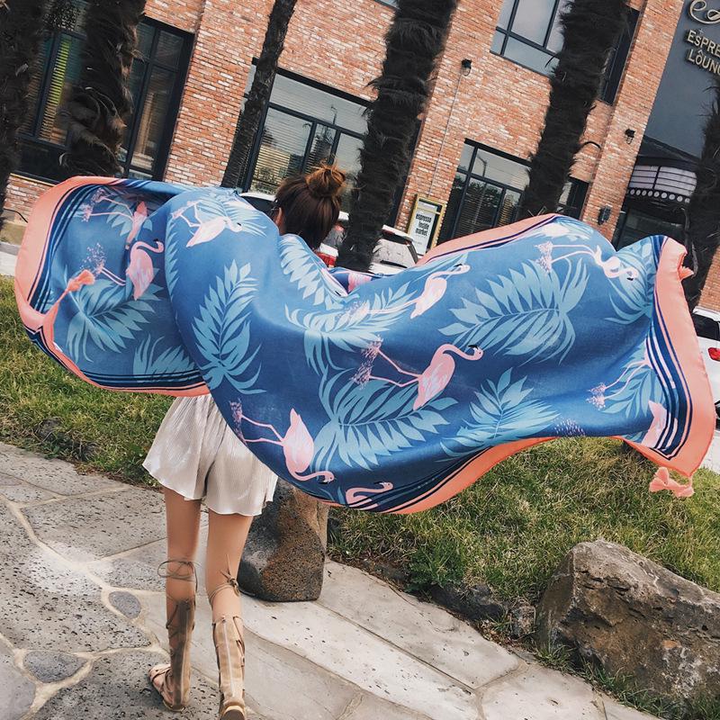 

Women s Korean Fashion Flamingo Print Cotton Linen Fringe Scarf Shawl Sunscreen Accessory 180x90cm