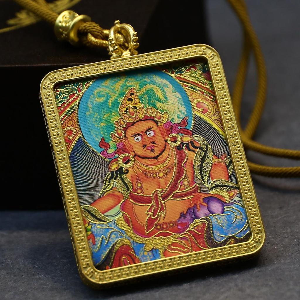 Yellow Jambhala Mahakala Thangka Pendant - Hand-painted Tibetan Gau with Eight Guardian Wealth Deities.